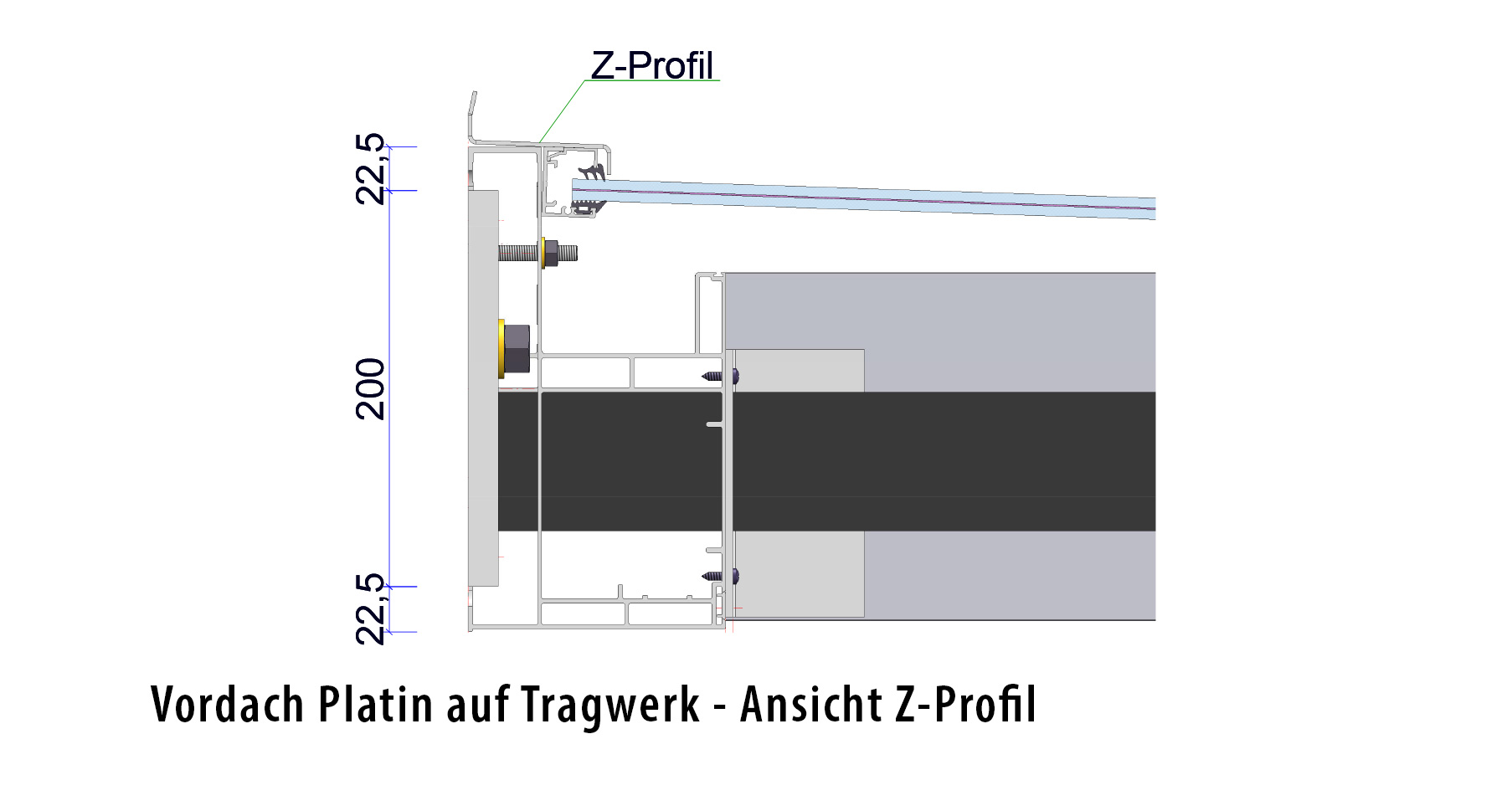 Vordach Platin auf Tragwerk - Ansicht Z-Profil